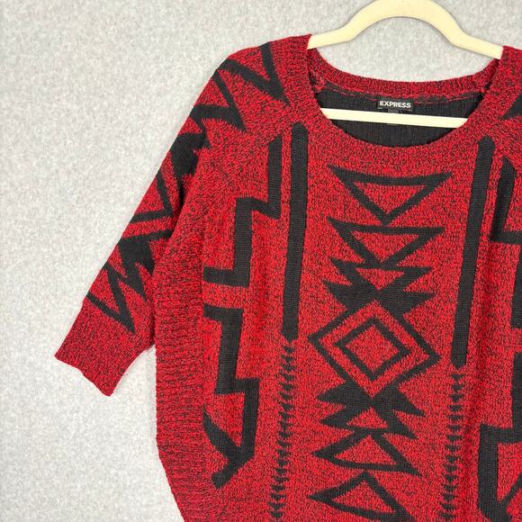 Express Sweater Women XS Red Black Wool Mohair Aztec Southwestern Tribal Slouchy - Picture 4 of 10